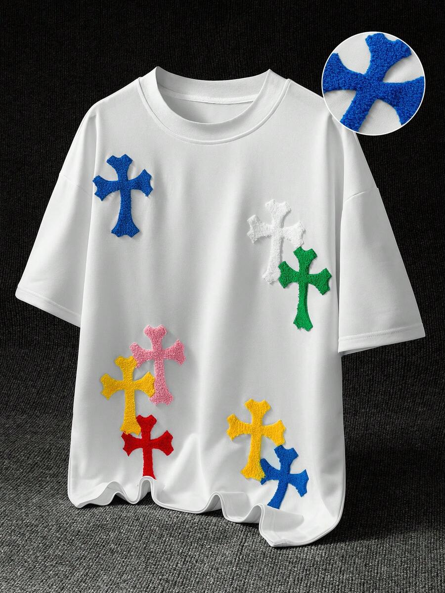 Manfinity Roghcode Herren Große Größen Sommer Lässig Kreuz Stickerei T-Shirt - Weiss - Übersicht 1