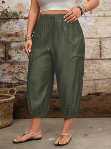 EMERY ROSE Casual Cuffed Pants With Drawstring Adjustable Waist And Side Patch Pockets, Plus Size Fall - Army Green - View 4