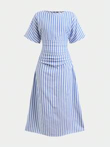 青少年女孩休閒時尚通勤夏季藍白條紋優雅洋裝 - 藍色 - 查看 6