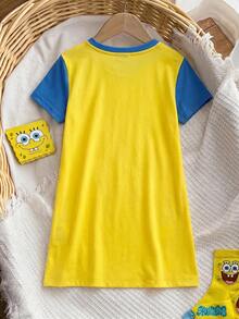 SpongeBob SquarePants | SHEIN Young Girl Colorblock Patchwork Cartoon Print Dress Loungewear - Yellow - View 2
