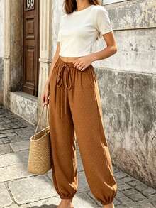SHEIN PariChic French Boho Casual Brown And White Polka Dot Swiss Dot Lantern Pants Elastic Waist Cuffed Loose Autumn Brunch Vacation - Coffee Brown - View 4