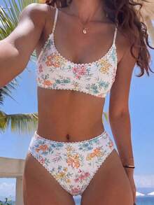 Swim Mod Conjunto de bikini con estampado floral aleatorio y volantes, verano - Multicolor - Ver 1