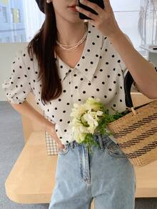 DAZY Polka Dot Puff Sleeve Blouse - Beige - View 4
