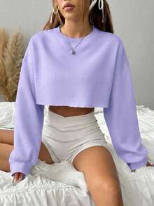 SHEIN EZwear 女款休閒百搭純色短版運動衫 - 紫色 - 查看 4