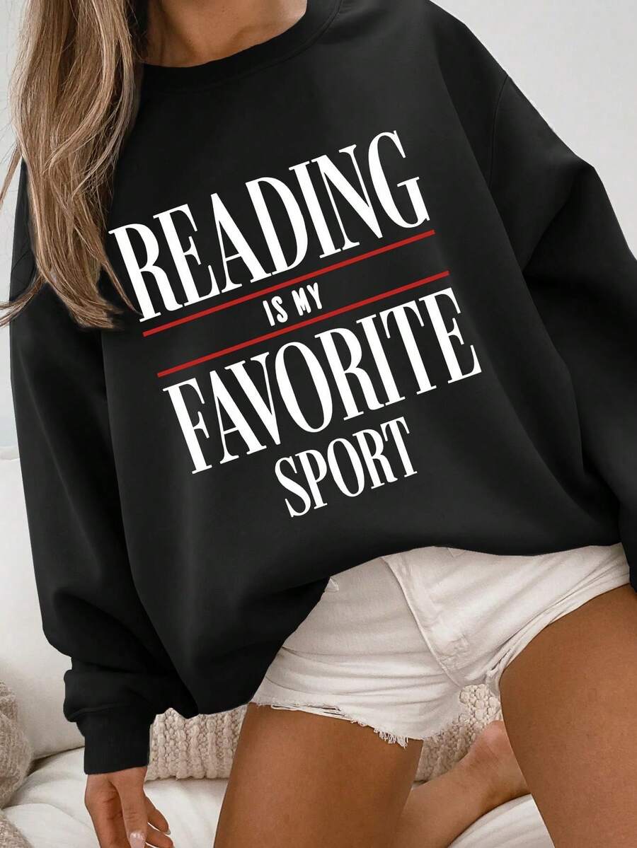 SHEIN LUNE Sweatshirt Buku Klasik, Sweatshirt Kerah Bulat, Sweatshirt Membaca, Hadiah untuk Pecinta Buku, Sweatshirt Bertema Buku - Hitam - View 1
