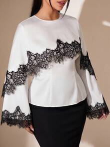 Veilorie Plus Size Women Lace Patchwork Casual Versatile Daily Wear Blouse Fall - White - View 5