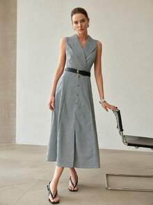 MOTF PREMIUM GAUN WANITA MODEL BARU KASUAL LONGGAR BERGARIS-GARIS KOTAK-KOTAK DENGAN IKAT PINGGANG, PANJANG SEDANG - Grey - View 7