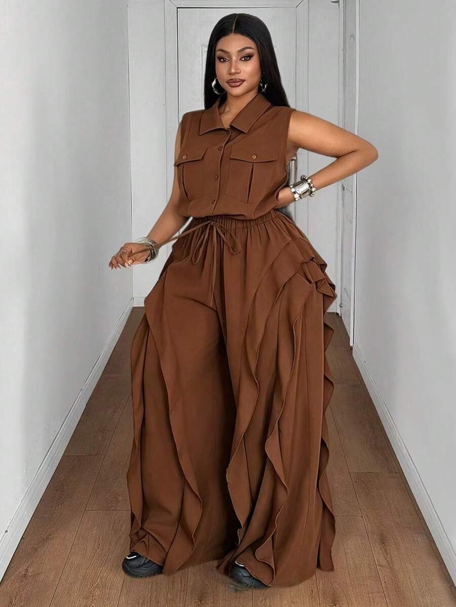 Maweii Plus Size Women Solid Color Utility Pocket Ruffle Trim Sleeveless Shirt Jumpsuit - Brown - View 1