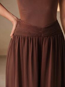Anewsta Summer Vacation Style V-Neck Pleated Waist Drape Chiffon Wide Leg Culottes Long Pants, Suitable For Vacations, Trips And Commuting - Brown - View 1