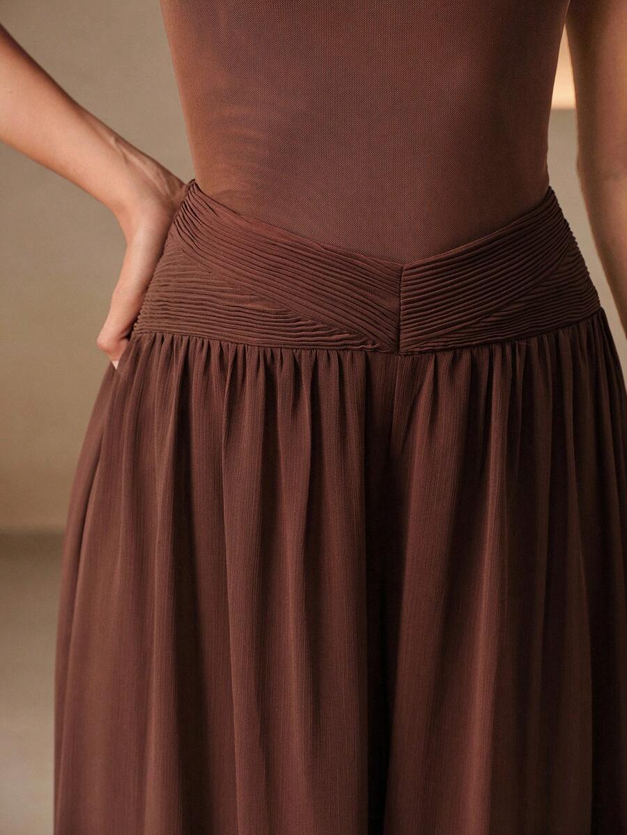 Anewsta Summer Vacation Style V-Neck Pleated Waist Drape Chiffon Wide Leg Culottes Long Pants, Suitable For Vacations, Trips And Commuting - Brown - View 1