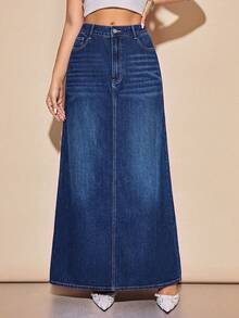 Rivivi Plus Size Women's Long Casual Denim Skirt With Pockets - Dark Wash - View 1