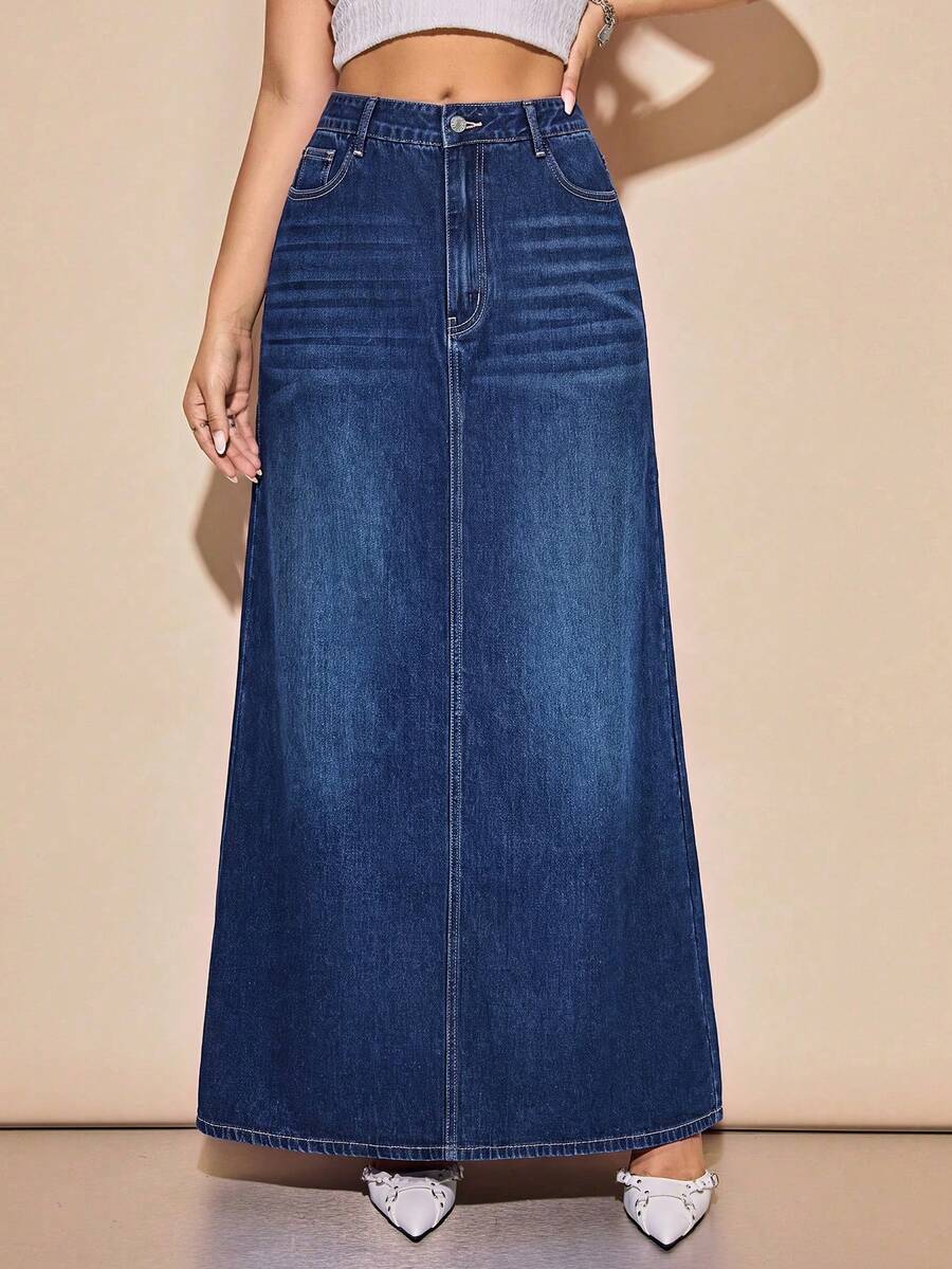 Rivivi Plus Size Women's Long Casual Denim Skirt With Pockets - Dark Wash - View 1