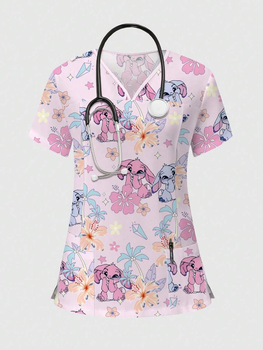 TaskEZ 可爱兔子和芙蓉花卡通印花护士服上衣,V领短袖手术服衬衫,女士医疗保健工作服,春夏款 - 彩色 - 查看 1