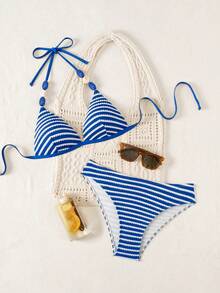 Swim Lushoire Swim Vcay-D 女款純色細肩帶串珠裝飾綁背三角比基尼套裝 - 藍色 - 查看 3