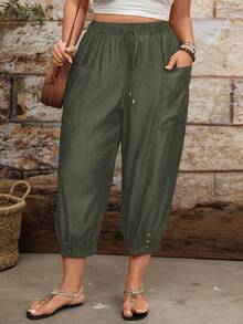 EMERY ROSE Casual Cuffed Pants With Drawstring Adjustable Waist And Side Patch Pockets, Plus Size Fall - Army Green - View 3