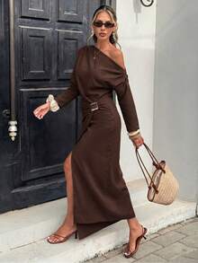 SHEIN Frenchy Women's Casual Commute Solid Color Asymmetric Collar Wrap Dress - Brown - View 9