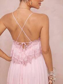 Lumalex Spring/Summer New Chiffon Ruched Contrast Lace Adjustable Strap Backless Dress - Baby Pink - View 7