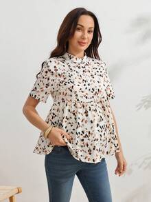 SHEIN Maternity All-Over Print Nursing Top With Stand Collar, Casual Versatile Daily Wear - Multicolor - View 5
