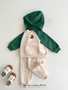 Cozy Pixies 男嬰卡通圖案對比色長袖秋冬夾克彈性腰長褲2件套，保暖內裡加厚，適合冬季 - 彩色 - 查看 4