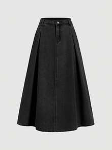 SHEIN MOD 女款鈕扣百褶休閒百搭牛仔裙，日常度假穿搭 - 黑色 - 查看 1