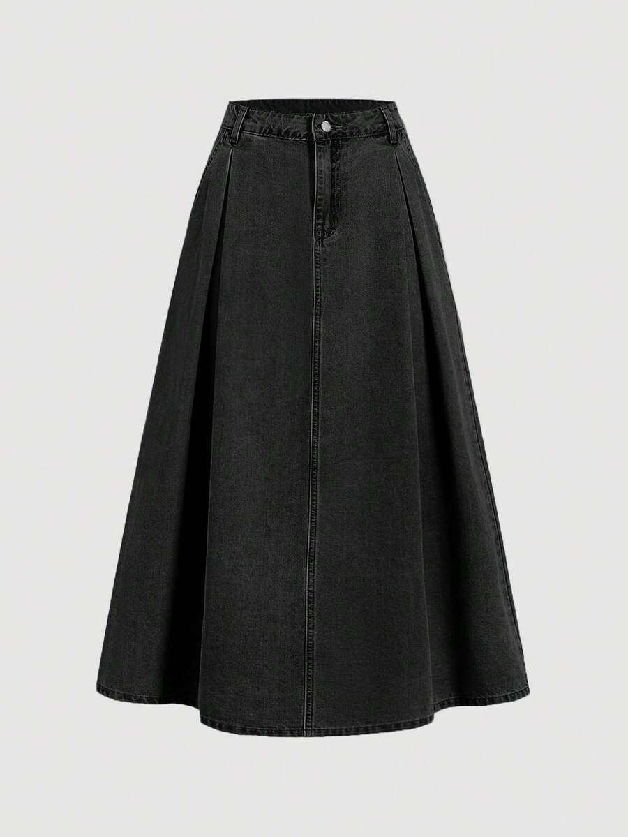 SHEIN MOD 女款鈕扣百褶休閒百搭牛仔裙,日常度假穿搭 - 黑色 - 查看 1