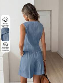 Easowa 女款素色單排扣背心短褲休閒兩件套 - 藍色 - 查看 6