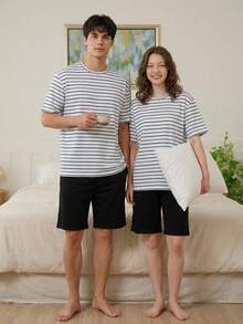 DAZY 男士夏季短袖條紋T恤與黑色短褲居家休閒套裝 - 彩色 - 查看 5