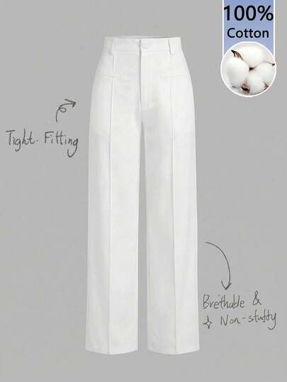 SHEIN MOD 100% Pure Cotton High Waist White Comfortable Straight Leg Pants
