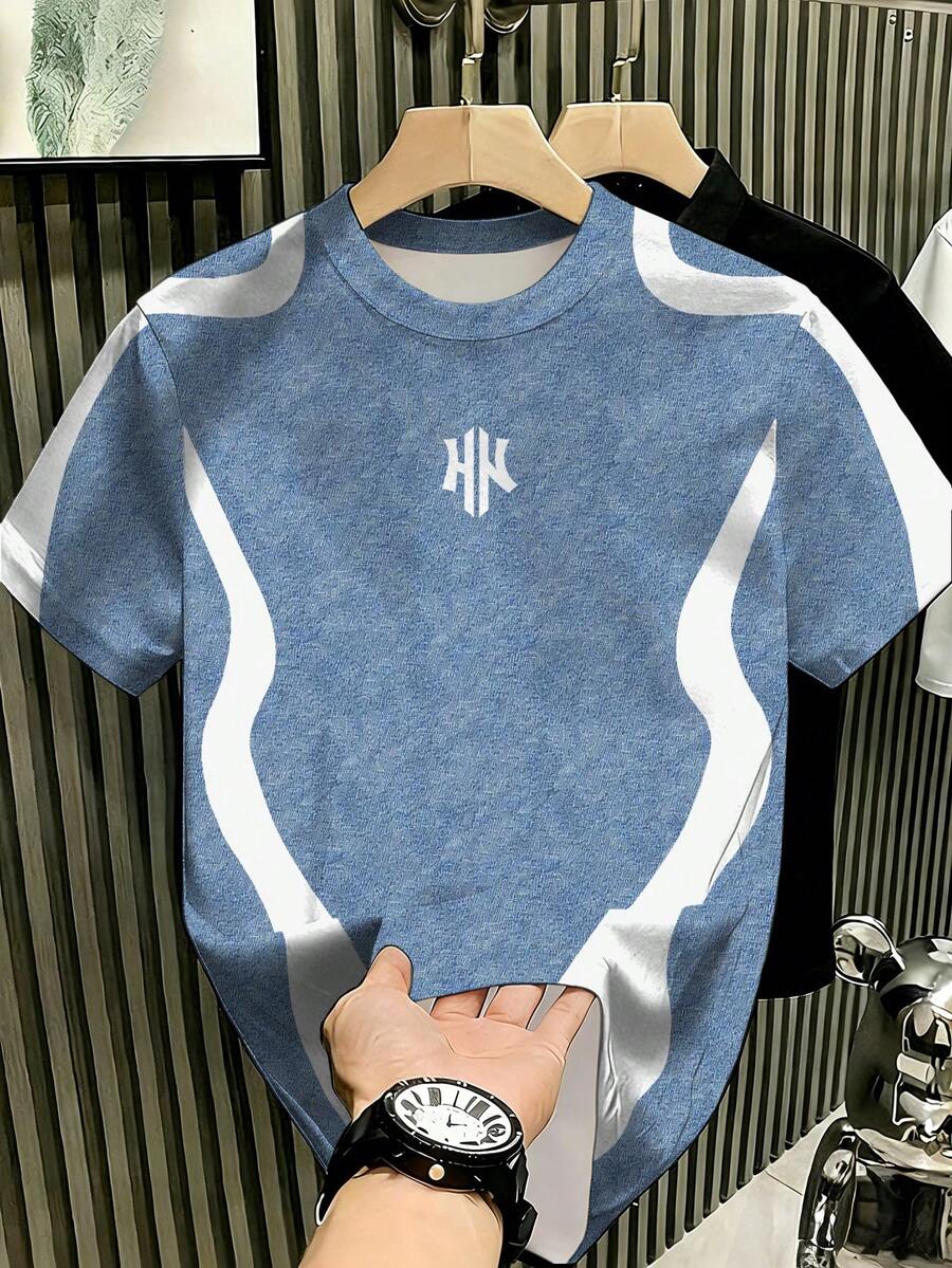 Manfinity Hypemode 男士經典時尚條紋開衩 H-Logo 牛仔效果工藝 T-shirt,適合日常穿著與聚會 - 彩色 - 查看 1