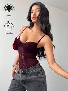 Aloruh Conjunto de body de mujer sexy y elegante con parches de encaje - Granate - Ver 7