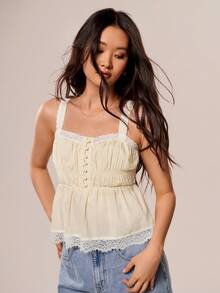 Willow Rêve Women's Cream Lace Trim Camisole Loose Top, Romantic Cottagecore Vacation Style, Valentine's Day, Boho, Tank Top, Summer Tops Picnic - Apricot - View 7