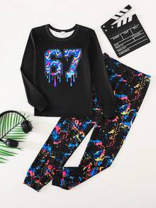 SHEIN 2件組兒童青少年男孩休閒日常舒適67號印花圓領套頭睡衣上衣與長褲針織居家服套裝 - 彩色 - 查看 4