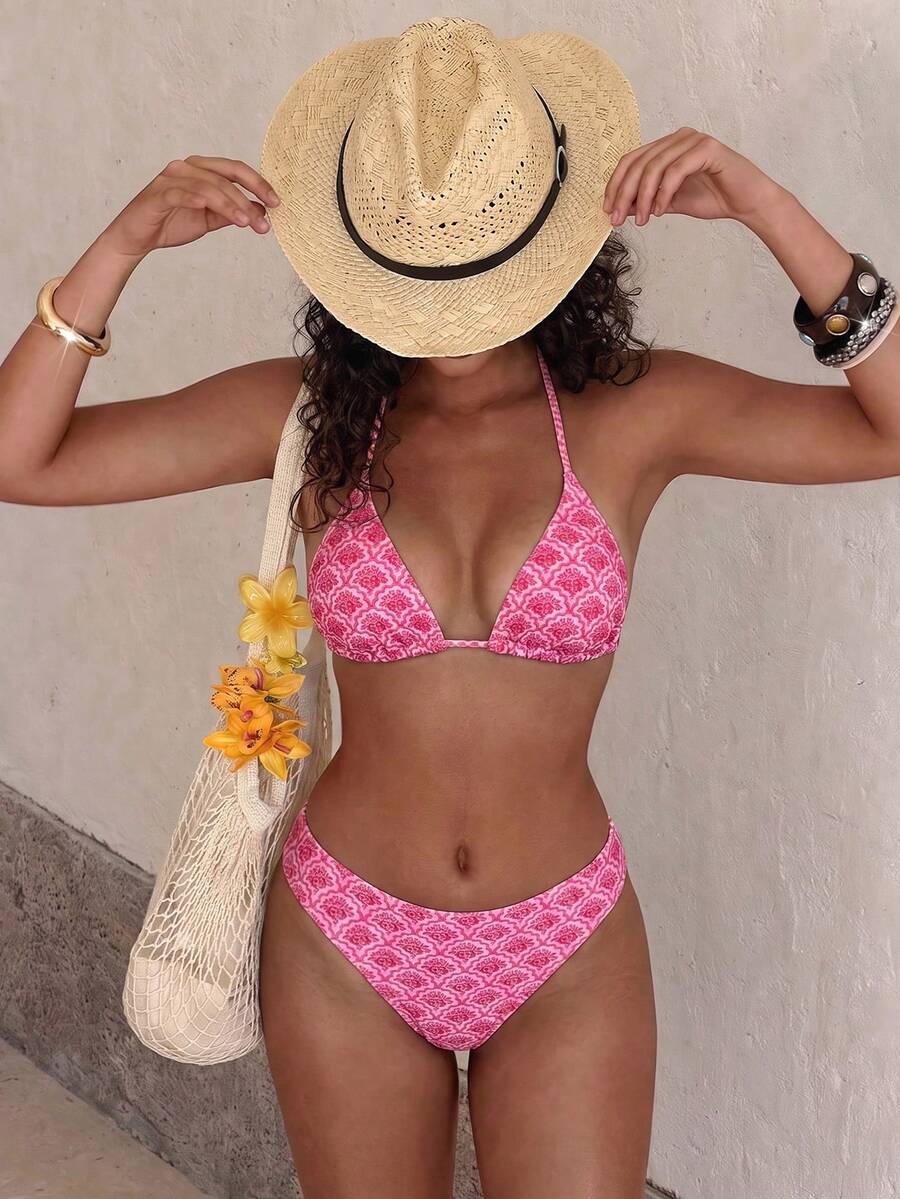 Swim Vcay Set Bikini Wanita Musim Semi/Panas untuk Festival Musik Pantai, Motif Bunga, Model Halter dengan Cup Segitiga, 2 Potong - Berwarna merah muda - View 1
