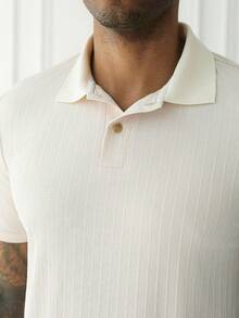 HUEFORM Men's Summer Vertical Stripe Knit Jacquard Mature Style Casual Versatile Exquisite Commuter Short Sleeve POLO Shirt - Apricot - View 3