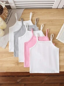 SHEIN Genkimix Kids 5件裝白色牛奶絲面料簡約蝴蝶結細肩帶背心，女童休閒舒適針織內搭上衣，可當外穿上衣 - 彩色 - 查看 2