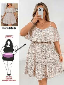 SHEIN CURVE+ 大尺碼 US22 音樂節海邊度假波西米亞風女款花卉露肩荷葉邊下擺洋裝，沙灘度假裙，波西米亞風夏季度假穿搭 - 杏色 - 查看 2