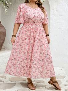 SHEIN CURVE+ Plus Size Elegant Small Ditsy Floral Round Neck Casual Garden Party Dress - Pink - View 4
