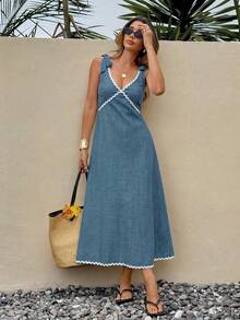 SHEIN Frenchy Women's Thick Strap Contrast Trim V-Neck Midi Dress, Suitable For Summer Wear - Dusty Blue - View 6