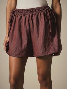 KSTM Linen Feel Drawstring Waist Loose Fit Mini Shorts With Elastic Waistband Side Tie Detail Summer Casual Holiday Vacation Burgundy - Brown - View 1