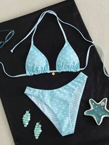 Swim Mod Women's Sweet Blue Polka Dot Reversible Bikini Set - Multicolor - View 3
