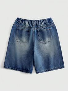 ROMWE MEN Street Life 青少年男孩人造珍珠裝飾口袋牛仔短褲 - 藍色 - 查看 2