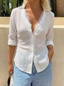 DAZY 女款純色收腰長袖休閒老錢風優雅夏季襯衫上衣，適合校園穿著 - 白色 - 查看 3