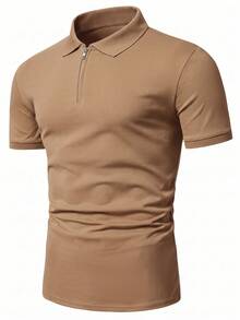 Manfinity Homme Men's Solid Color Casual Versatile Daily Wear Short Sleeve Polo Shirt - Khaki - View 4