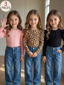 SHEIN 3件組女童幼兒秋冬時尚嬰兒粉色＋經典純黑色荷葉袖圓領長袖打底T恤返校上衣 - 彩色 - 查看 8