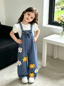 SHEIN Elladie kids 女童新款休閒時尚牛仔吊帶褲，復古中藍色黃白花卉拼接，大蝴蝶結，寬鬆直筒版型，柔軟舒適面料 - 藍色 - 查看 6