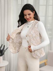 Medorina Chaleco de jacquard beige elegante para mujer, estilo francés, para oficina, día, fiesta, té de la tarde y noche, verano, Día del Maestro - Albaricoque - Ver 5