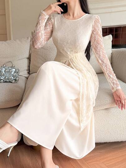 DAZY 秋冬 ラウンドネック 長袖 ウエストシェイプ レースパッチワーク サテン生地 エレガント レディース ミドル丈ドレス