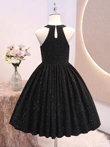 1 pezzo Abito estivo nero con glitter e scollo all'americana per ragazze adolescenti, stile elegante francese, vita arricciata laterale, senza maniche, gonna corta a trapezio, tessuto elastico, abito versatile per feste serali, appuntamenti, uscite quotidiane - nero - Visualizzare 2