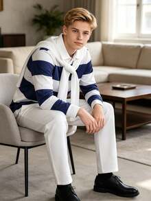 Boys Navy Striped Polo & White Straight Pants With Knit Shawl For Commute, Trips, Gathering, Dining & Back To School - Navy Blue - View 2