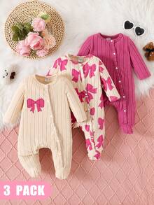 SHEIN Newborn Baby Girl 3-Piece Set Sweet Pink Knitted Romper, All-Over Bow Pattern, With Bow & Letter Print, Bow Decoration, Long Sleeve Design, Snap Closure, Parent-Child Matching Outfit - Multicolor - View 3